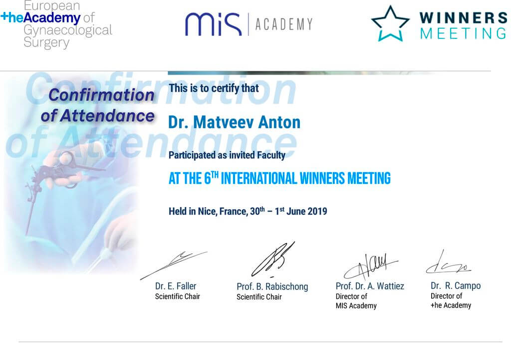 Сертификат 6-го международного конгресса по эндоскопии в гинекологии Winners Meeting