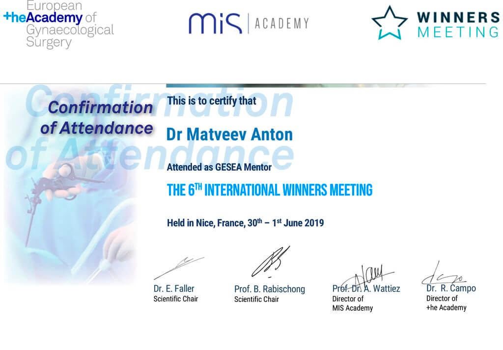 Сертификат 6-го международного конгресса по эндоскопии в гинекологии Winners Meeting
