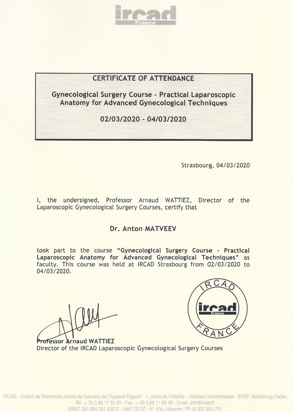 Сертификат курса по анатомии Практическая анатомия в продвинутой технике гинекологических операций